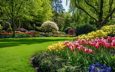 Fototapeta premium Well-Kept Spring Garden: A lush landscape of blooming tulips, daffodils, and hyacinths, with a perfectly manicured green lawn