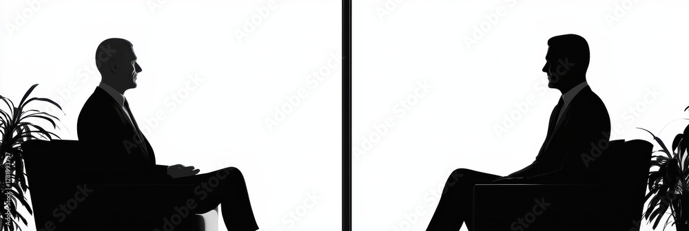 Poster silhouettes of two executives engaged in a serious discussion in a modern office setting during afte