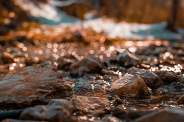 Close-Up of Flowing Mountain Stream with Rocks During Early Winter Thaw
