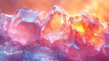 Fototapeta premium Vibrant crystal formations glistening in warm light, showcasing a stunning blend of pink and orange hues, perfect for wellness, beauty, and luxury themes.