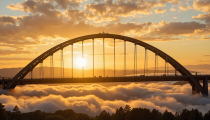 Obraz premium Golden arched bridge rising through mist at sunset, serenity concept