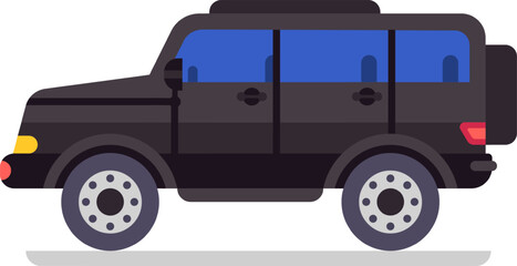 Large black, powerful four wheel drive SUV with tinted windows and a spare wheel mounted on the back, parked on a clean white background, showcasing a sleek side view