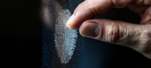 Obraz premium A businessman utilizes fingerprint identification to access his personal financial data on a digital network, highlighting the importance of cyber security and internet security online in a