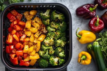 Roasted vegetables in an air fryer. Healthy food. Top view.pim