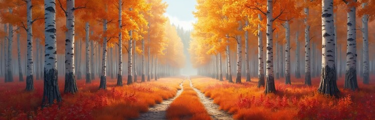 Fototapeta premium National park autumn panorama. Tall birch trees with bright golden foliage line pathway. Fall leaves cover ground. Scenic vibrant natural beauty, peaceful woodland forest landscape.
