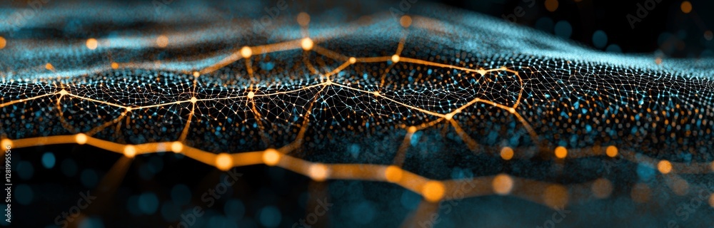 Poster the background of information technology is composed of a dynamic 3d wave made up of lines and point