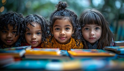 A teacher reads to a group four children, surrounded by colorful books, capturing a moment shared learning and storytelling.