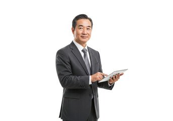 A Chinese business professional stands confidently while holding a tablet and interacting with the device, presenting a modern and engaged appearance, isolated on transparent background