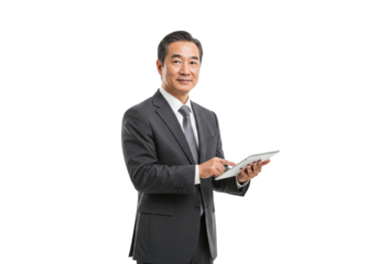 A Chinese business professional stands confidently while holding a tablet and interacting with the device, presenting a modern and engaged appearance, isolated on transparent background