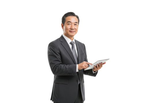 A Chinese business professional stands confidently while holding a tablet and interacting with the device, presenting a modern and engaged appearance, isolated on transparent background