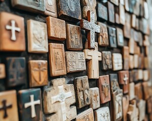 Wall of carved crosses, religious shop