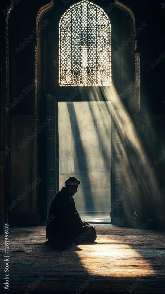 Poster in a dimly lit room, a muslim man kneels in prayer, enveloped in rays of light filtering through int