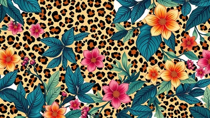 Gordijnen Exotic Leopard Print Canvas with Flourishing Botanicals © Adisorn