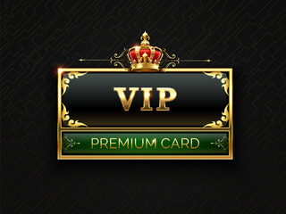 Golden VIP premium card with decorative corners, green horizontal banner and crown on elegant black background represents exclusivity, privilege and high status
