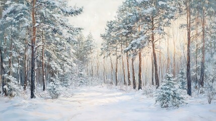Naklejka premium winter forest covered in snow, tall pine trees, soft light filtering through branches, crisp air, serene atmosphere, peaceful winter day