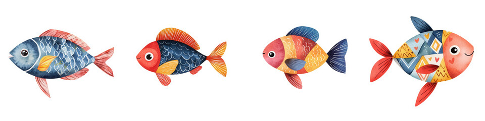 Colorful fish with tropical patterns swimming together in playful design, isolated on transparent background.