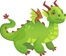 Cute green dragon walking and smiling, showing its friendly nature, ideal for children s books, fantasy stories, games, and any project that needs a touch of magic and wonder