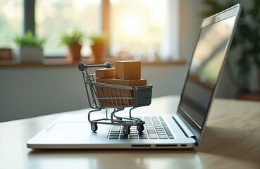 Online shopping concept. Small shopping cart with boxes on laptop keyboard. E-commerce business, monthly sales, revenue growth, product delivery, customer service. Retail, online store, virtual shop.