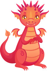 Cartoon red dragon smiling and sitting with folded paws, isolated on white background, ideal for children book illustrations, fantasy games, stickers and prints