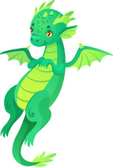Fototapeta premium Green dragon soaring through the air, displaying its light green belly, vibrant wings, and tail tip, while playfully showing its paws against a clean white background