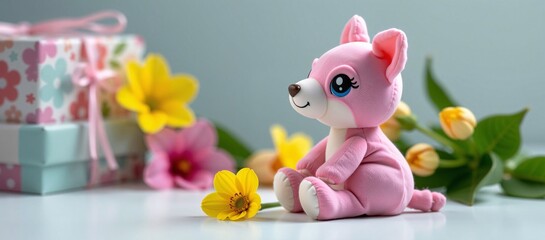Fototapeta premium Sweet Pink Toy, Gift Box, and Colorful Spring Flowers