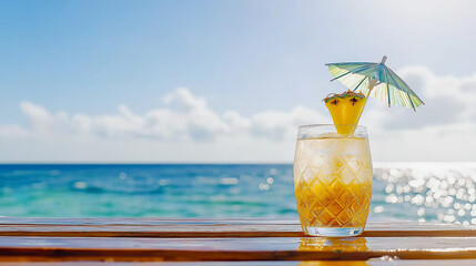 Tropical cocktail decorated with pineapple slice, cocktail umbrella resting on weathered wooden pier near ocean waves