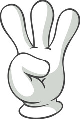 Cartoon hand wearing a white glove making a gesture with three fingers raised up, isolated on a white background, ideal for communication and counting concepts