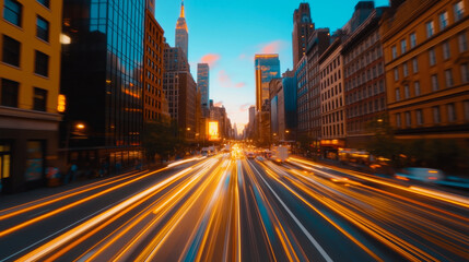 Naklejka premium Capturing dynamic light trails from traffic along Manhattan Avenue at dusk, with illuminated skyscrapers and the Empire State Building