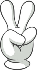 Cartoon gloved hand gesturing peace sign, symbolizing victory, agreement or counting, with two fingers raised and others folded, conveying positive message of harmony or achievement