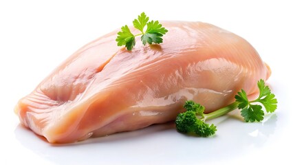 Raw chicken fillet, white backdrop,  long exposure food image.