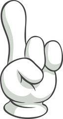 Cartoon hand wearing a white glove is making a gesture with the index finger pointing upwards, symbolizing attention, direction, or giving instructions