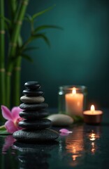 Obraz premium Spa still life with balanced zen stones, candles and bamboo. Stacked black pebbles, burning candles, bamboo stems, orchid bloom on dark wet background. Aromatherapy session and wellness concept.