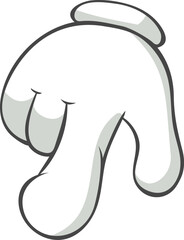 Cartoon hand featuring a white glove, pointing down with the index finger, creating a clicking or pressing gesture against a clean, white background, emphasizing direction and communication