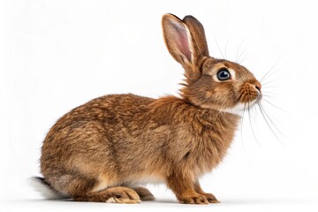 Fototapeta premium cute brown rabbit with alert ears and soft fur, looking upwards in a photorealistic studio shot on a plain white background