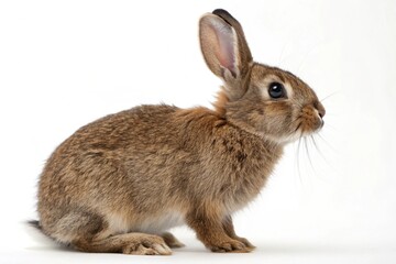 Fototapeta premium Adorable brown rabbit with long ears and shiny eyes, carefully posed against a white background for a photorealistic depiction