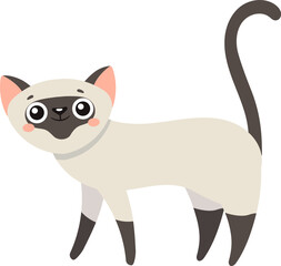 Adorable siamese cat standing on all fours with its tail raised, looking forward with big eyes and a calm expression, in a simple and colorful cartoon style