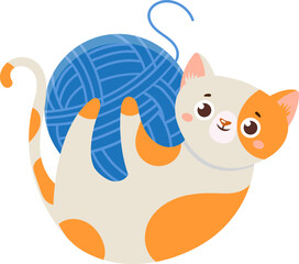 Adorable orange and white kitten curled up, playfully holding a large blue ball of yarn, isolated on white background, ideal for children s books or pet product advertising