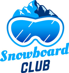 Snowboard club logo featuring a snowy mountain reflected in vibrant blue ski goggles, capturing the spirit of winter sports and appealing to snowboarding enthusiasts everywhere