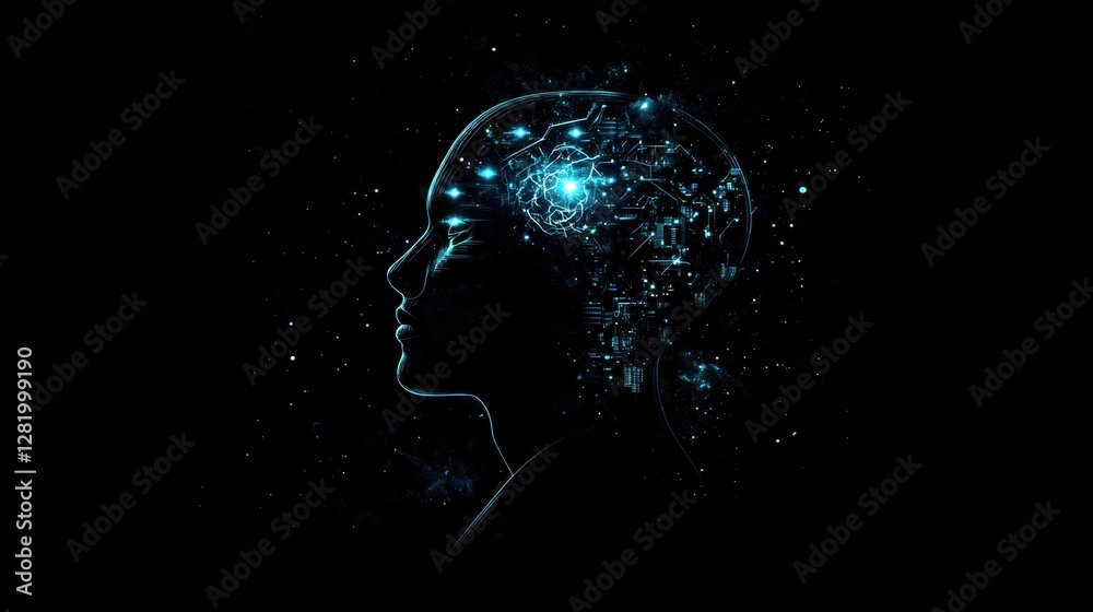 Aufkleber Silhouette of a human head featuring glowing quantum circuits and elements indicating advanced technology and innovation in thinking. Generative AI