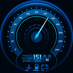 Futuristic speedometer showing 151 kilometers per hour on a car dashboard with date, time, coolant temperature, fuel level and battery charge indicator