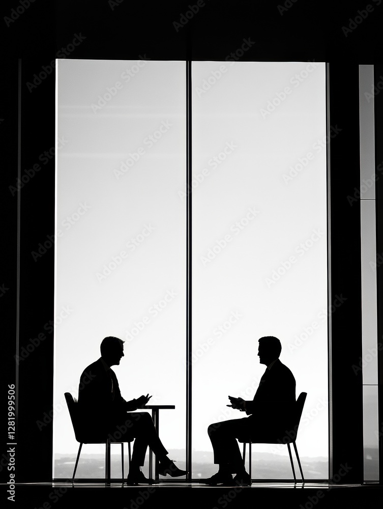 Leinwandbilder two executives engage in a discussion silhouetted against a bright window in a modern office setting