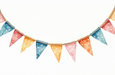 Fototapeta premium Watercolor illustration of colorful bunting with polka dot pattern isolated on transparent backdrop. Triangle flags garland for party decor, birthday celebration, carnival. Festive banner, hand drawn