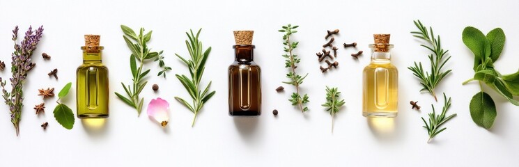 Aromatic essential oils with herbs and spices.