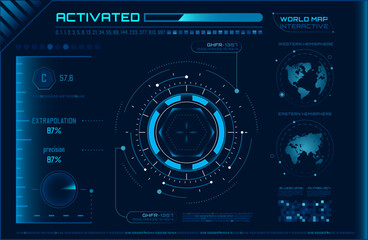 Futuristic head up display - HUD - interface with interactive world map, data analysis, extrapolation, and precision indicators, providing a glimpse into advanced technology and user interfaces
