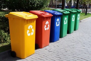 Row of colorful recycling bins with recycling symbols standing on a paved street. Concept of waste management, environmental responsibility, and sustainability. Copy space