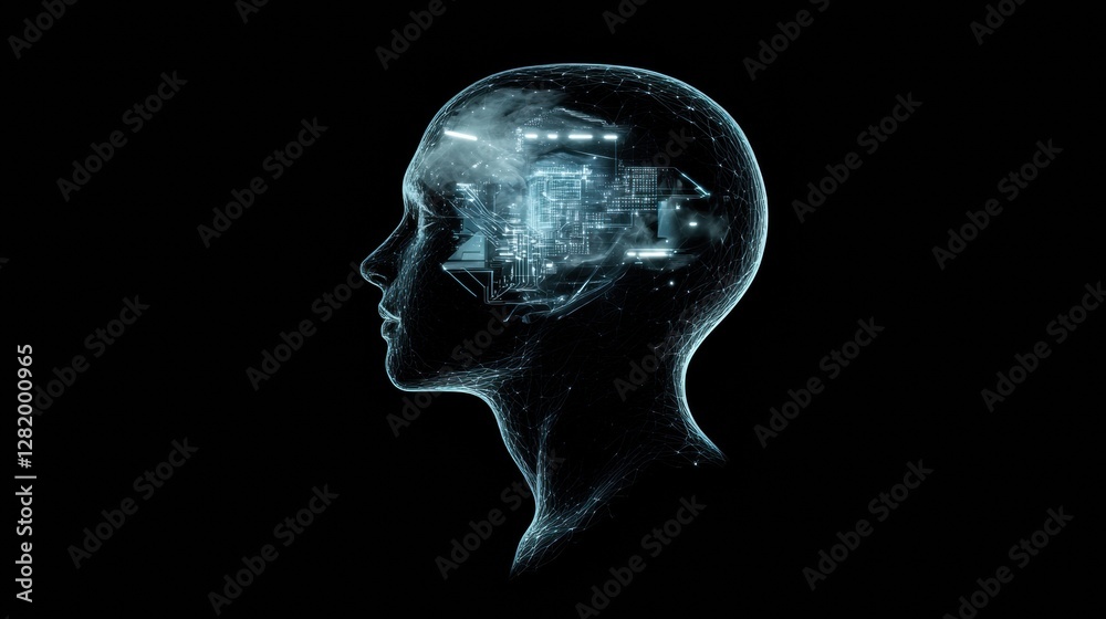 Leinwandbilder futuristic human head profile showcasing mechanical structures and glowing robotic eye in a cybernet