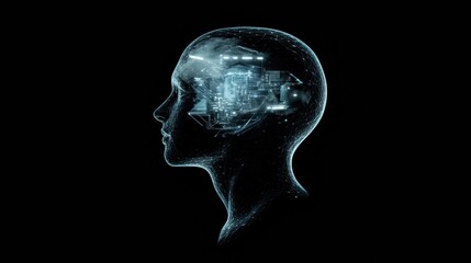 Obraz premium Futuristic human head profile showcasing mechanical structures and glowing robotic eye in a cybernetic setting. Generative AI
