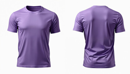 Blank purple t-shirt isolated on white background. Front and back views of empty tshirt model. Clean fabric cloth for sport outfit or casual fashion template. Ready for print design.
