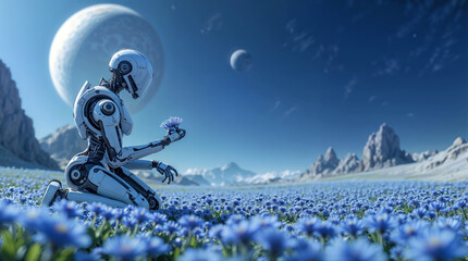 the robot is kneeling and looking at a blue flower