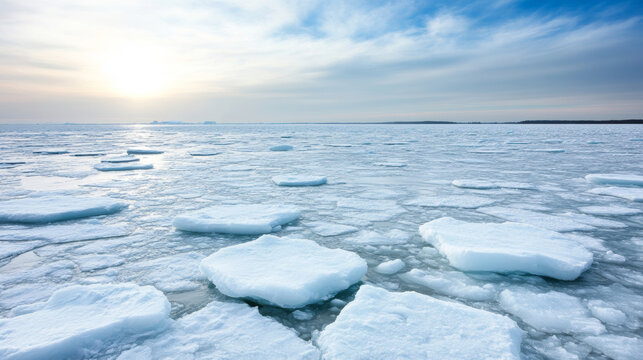 Arctic ice floes glowing softly under sunset's warm radiance, painting serene polar landscape